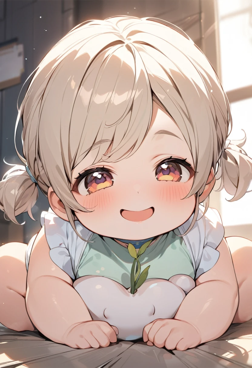 best quality, cute, chubby baby with freshly grown hair in short pigtails and a satisfied smile