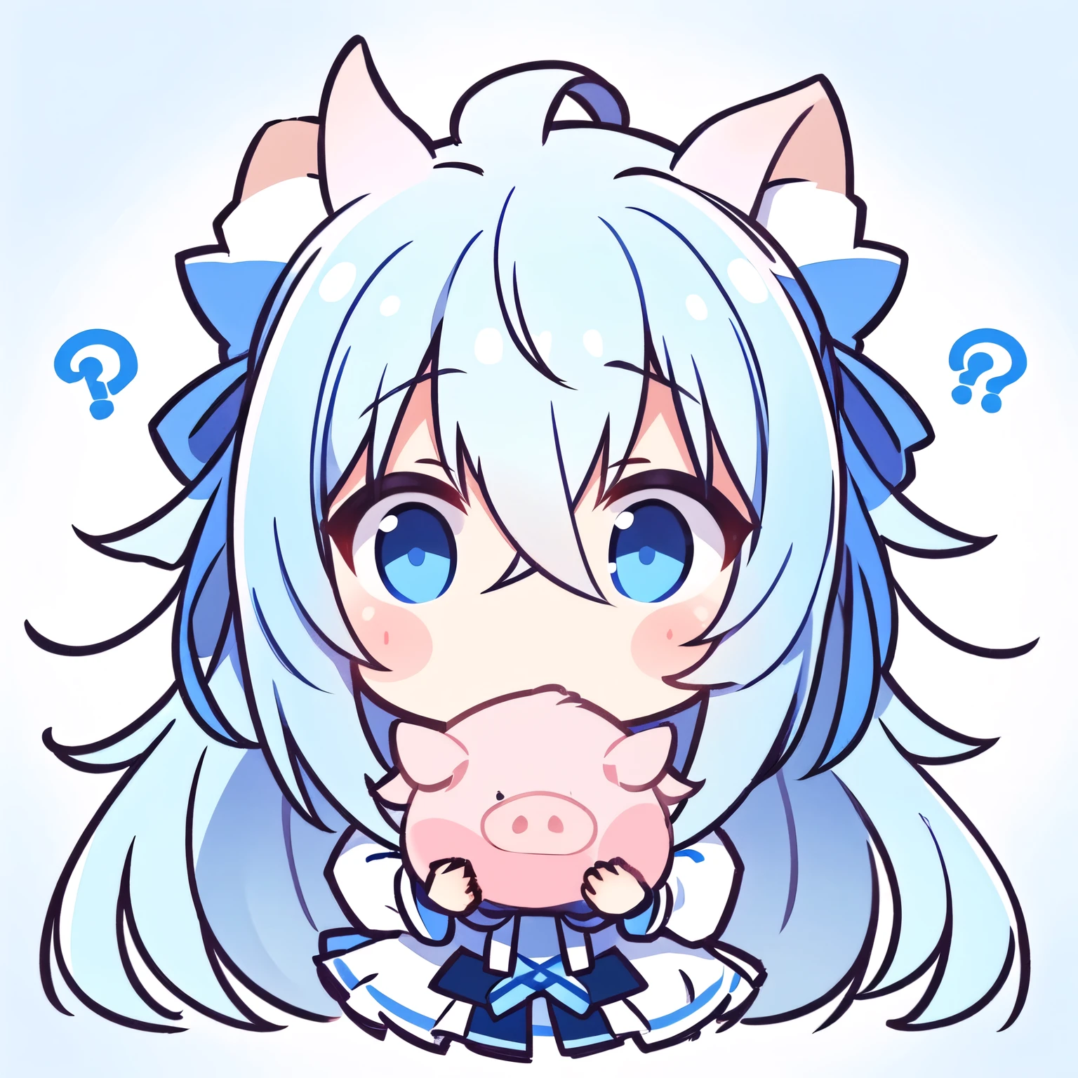 Masterpiece, best quality, girl, long hair, pig head, messy hair, blue and white gradient hair, simple background, confused face, question, Question mark, curious face, detailed girl avatar, Positive image, Profile image, Third view, 9 emojis