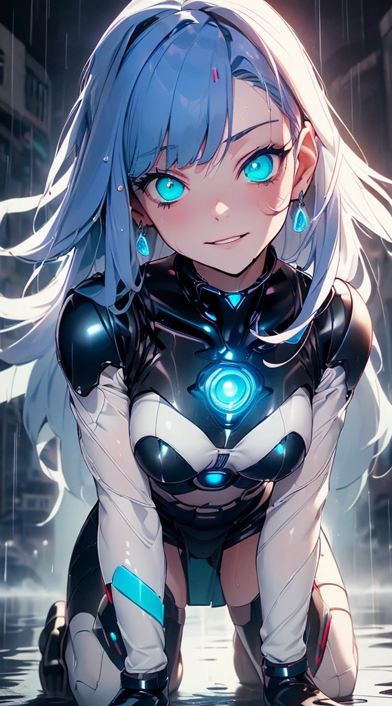 top-quality、Top image quality、masterpiece、Android Girl((sixteen years old,Body full of scars、Broken cybersuit glowing black, red and white、Blue energy source for the chest,Best Bust、Bust 90、Light blue shiny hair、Longhaire,Cyber Skirt、Blue-green eyes、open chest wide、Valley、Happiness、A slender、the whole body is wet、Fall to the floor、Kneeling))hiquality、Beautiful Art、Background with((Magical Night City、Very heavy rain))、masutepiece、Elaborate design、visualart、Theatrical films, neon eyes, cyberpunk, futuristic