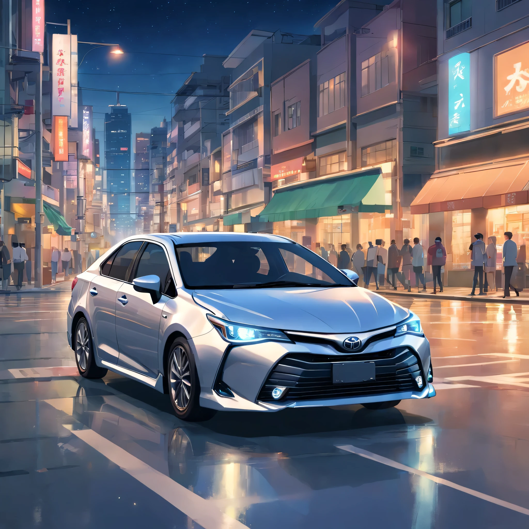 silver Toyota Avensis T22 driving through the city, at night, realistic photo, detailed