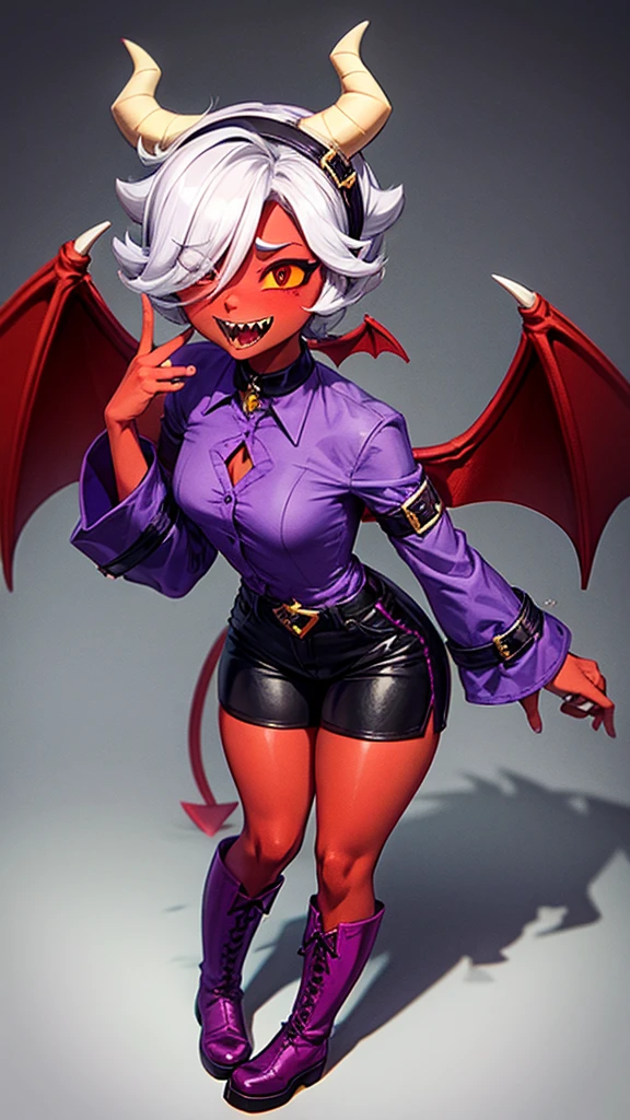 colettetrixie, red skin, sharp teeth, hair over one eye, hairband, demon horns, colored sclera, purple shirt, purple shorts, demon wings, boots, black boots