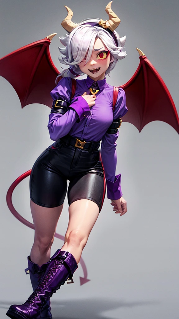 colettetrixie, red skin, sharp teeth, hair over one eye, hairband, demon horns, colored sclera, purple shirt, purple shorts, demon wings, boots, black boots
