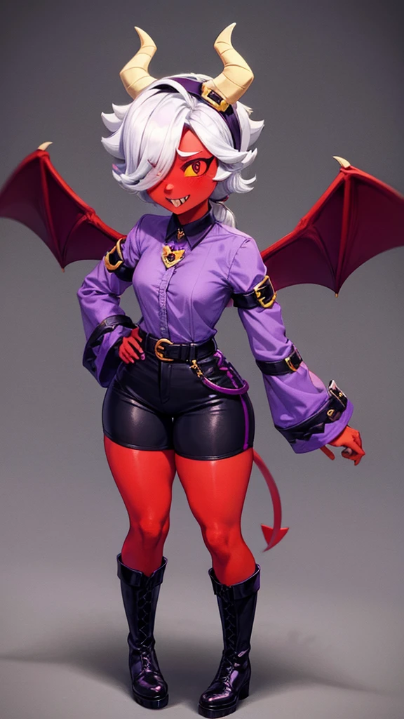 colettetrixie, red skin, sharp teeth, hair over one eye, hairband, demon horns, colored sclera, purple shirt, purple shorts, demon wings, boots, black boots
