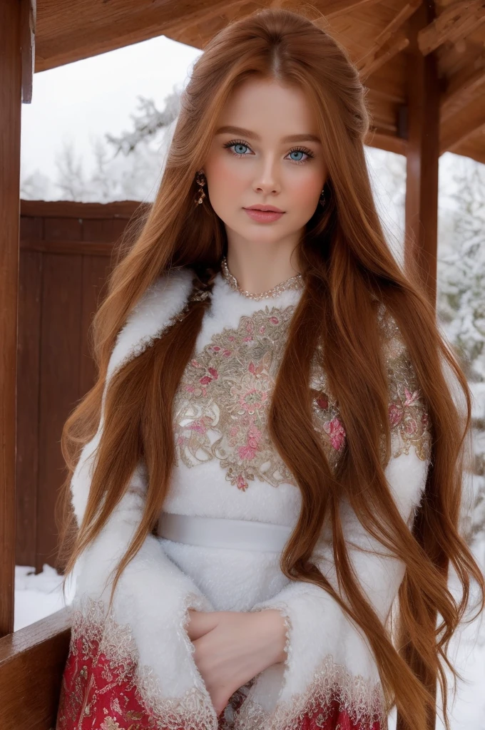 A gorgeous, pretty, shiny, kind-hearted, warm-hearted, sweet, polite, sensitive, friendly, charming, graceful, stylish, classy, alluring, majestic, ethereal, angelical ginger long haired russian woman dressed in traditional winter costumes.
