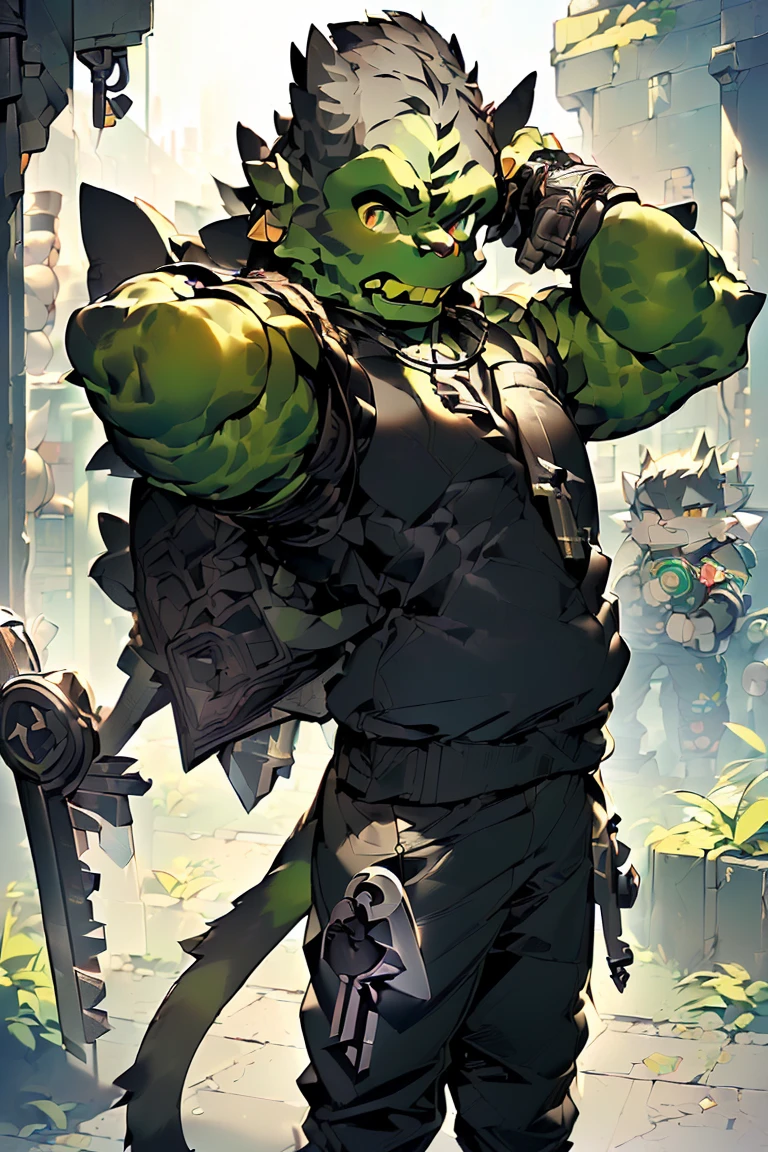 (Cat Orc:2.0),(Gray fur:2.0),(Golden Eyes:1.7),(Shota:1.9),(male:1.8),(arms:In the right hand is a huge gear-shaped key.:2.0),(The key is inlaid with an emerald gem that glows green.:1.2),(Abdominal muscles:1.4),(Crows fly:0.6),(casual pants:1.6),(earrings:1.6),(rivet:1.7),Ambient Light,Side Light,