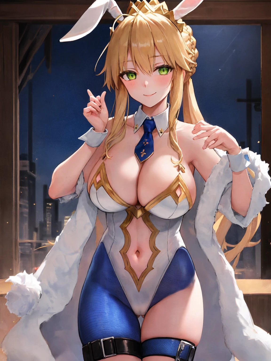 masterpiece, best quality, absurdres, soft lighting, looking at viewer, solo, light_smile, shy,
1girl, ahoge, rabbit ears, playboy bunny, artoria pendragon \(swimsuit ruler\) \(fate\), large breasts , blonde hair, green eyes, french braid, pony tail
bare shoulders, large breasts , cleavage,
clothing cut out, wrist cuffs, detached collar, navel cutout, feather boa,
white leotard, blue necktie, blue pantyhose, single thigh strap, hands_on_head,put_hands_up,
squat,gorgeous_background,solo,rabbit_posing,large_thighs,Extend_fingers,palm,open_legs,.solo