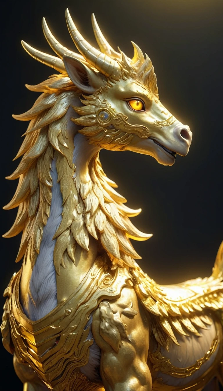 Golden Kirin, 8K resolution, Looking this way, Halo is shining, Shining, Only the upper body is visible, 