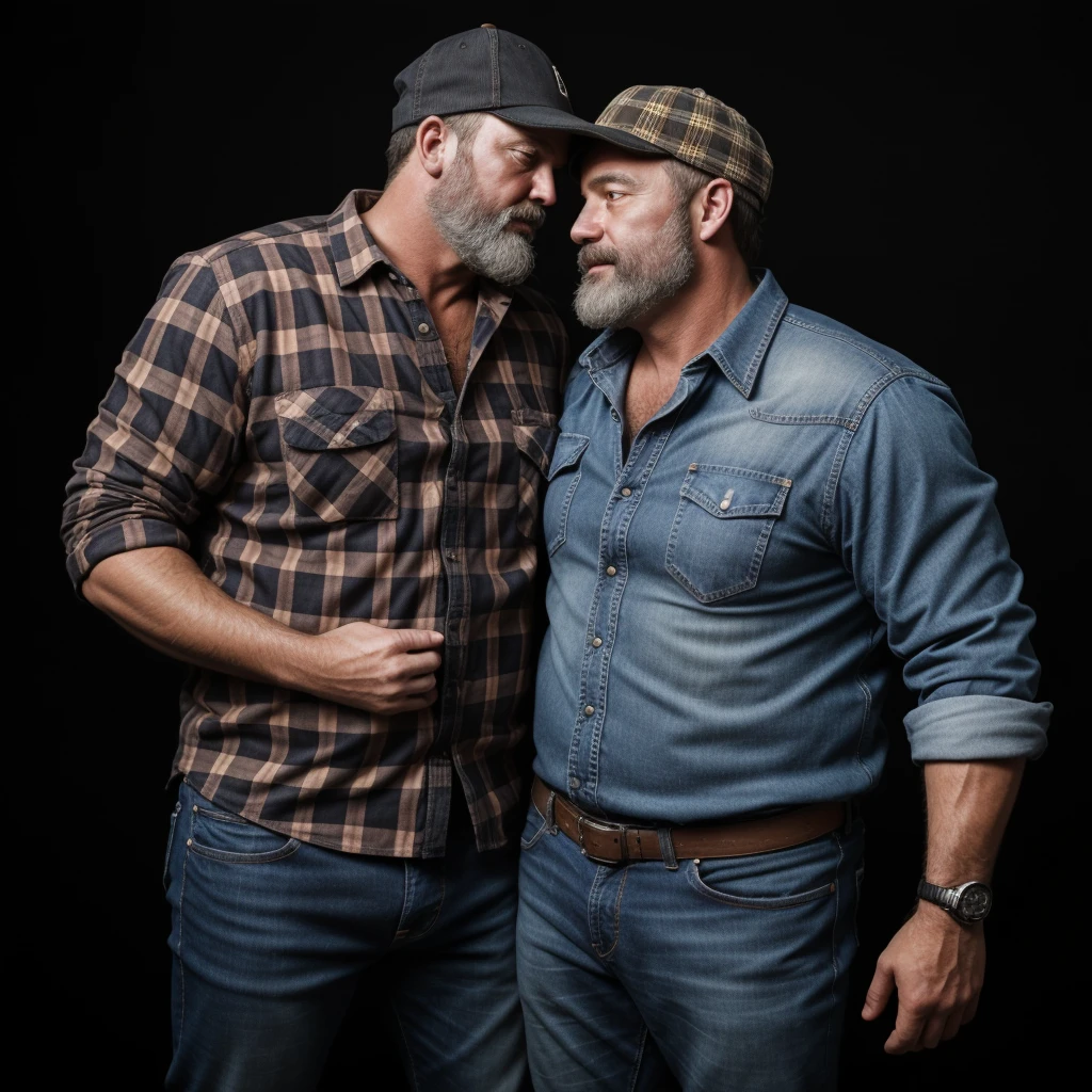 "8KUHD Create a professional studio-style photograph featuring two middle-aged, burly, and rugged men in lumberjack attire. They have beards, caps, checkered shirts, and worn-out jeans. They are kissing each other, their faces almost close, mouths glued together , in a romantic and virile scene. Utilize all appropriate lighting techniques for studio photography. The background should be black." HDR