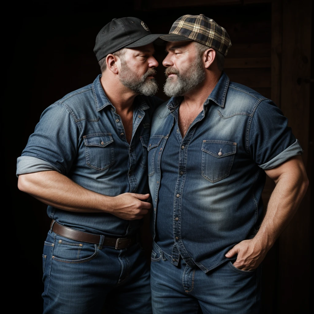 "8KUHD Create a professional studio-style photograph featuring two middle-aged, burly, and rugged men in lumberjack attire. They have beards, caps, checkered shirts, and worn-out jeans. They are kissing each other, their faces almost close, mouths glued together , in a romantic and virile scene. Utilize all appropriate lighting techniques for studio photography. The background should be black." HDR