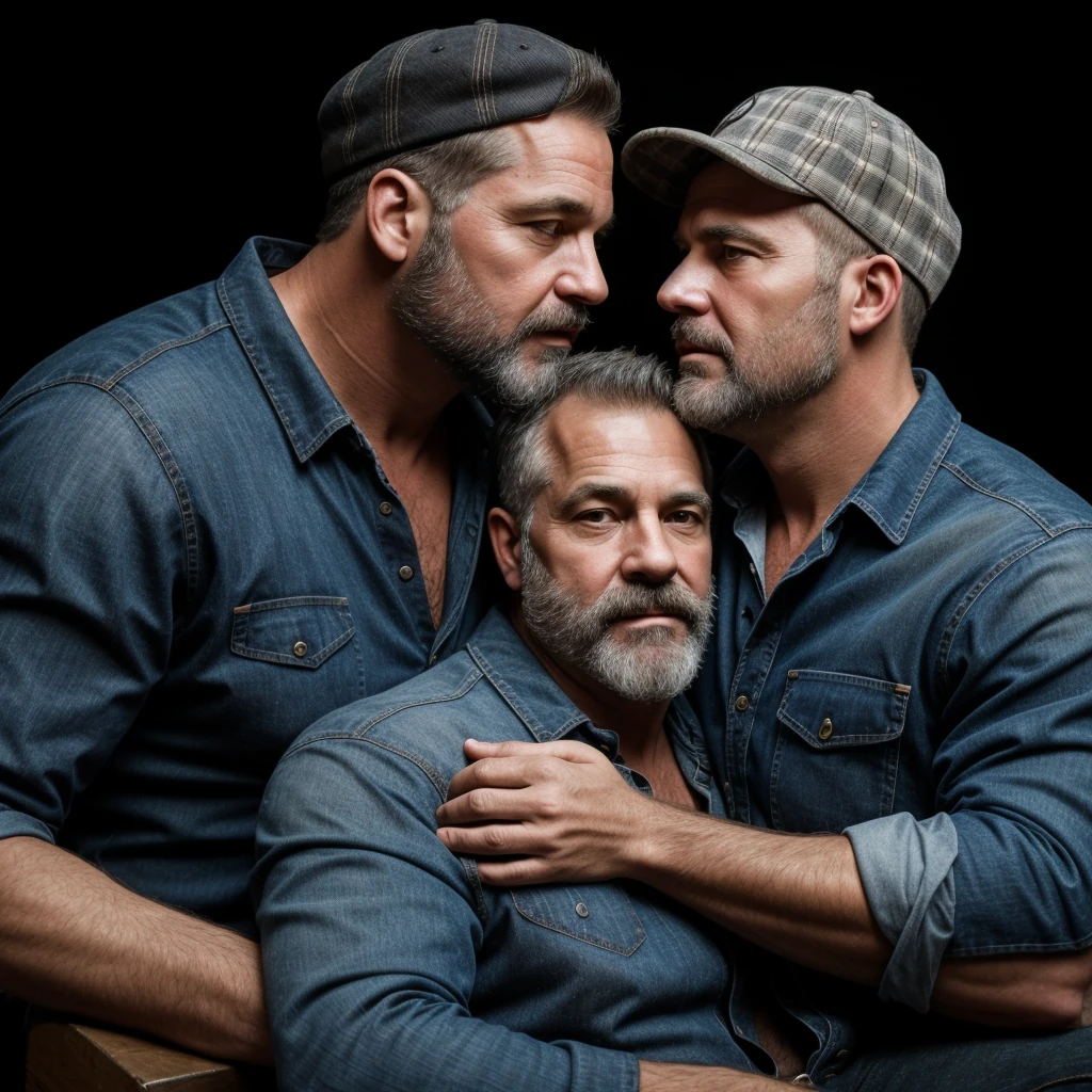 "8KUHD Create a professional studio-style photograph featuring two middle-aged, burly, and rugged men in lumberjack attire. They have beards, caps, checkered shirts, and worn-out jeans. They are kissing each other, their faces almost close, mouths glued together , in a romantic and virile scene. Utilize all appropriate lighting techniques for studio photography. The background should be black." HDR