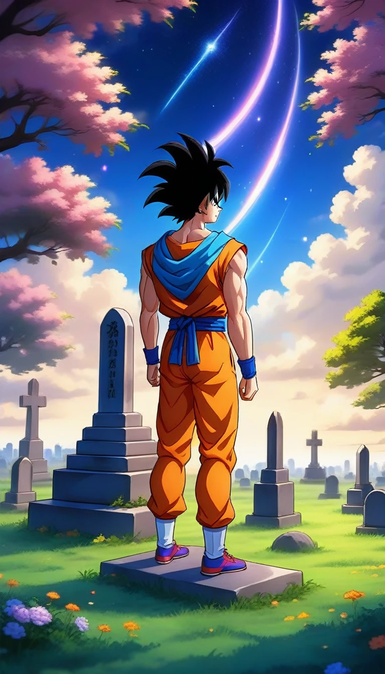 anime artwork yamcha . anime style, ((masterpiece)), (best quality), official art, extremely detailed CG, unity 8k wallpaper, ultra detailed, highly detailed,  
sad, looking at a tombstone, holding flowers, 
EdobGraveyardEngland cemetery, (night:1.4), shooting stars, dark night, petal, floating hair, wind, ghost, A grave where it says akira toriyama 1955-2024