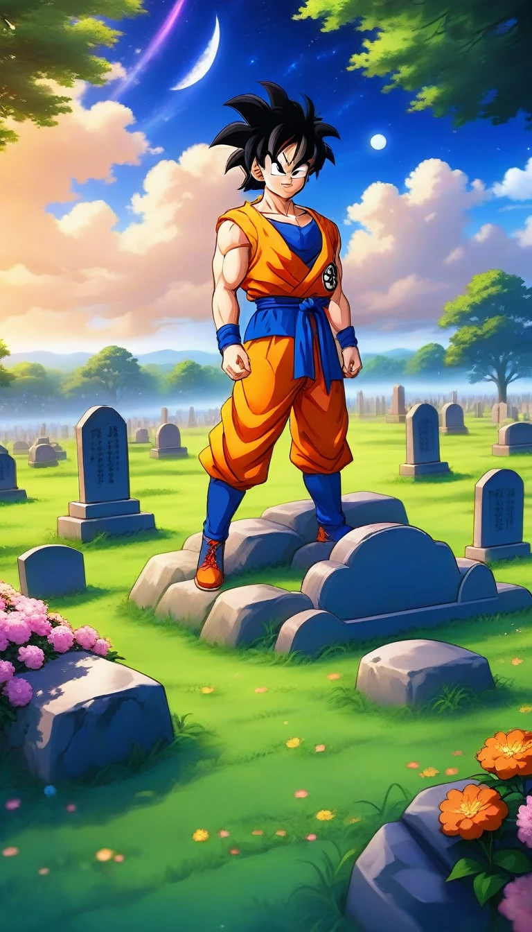 anime artwork yamcha . anime style, ((masterpiece)), (best quality), official art, extremely detailed CG, unity 8k wallpaper, ultra detailed, highly detailed,  
sad, looking at a tombstone, holding flowers, 
EdobGraveyardEngland cemetery, (night:1.4), shooting stars, dark night, petal, floating hair, wind, ghost, A grave where it says akira toriyama 1955-2024