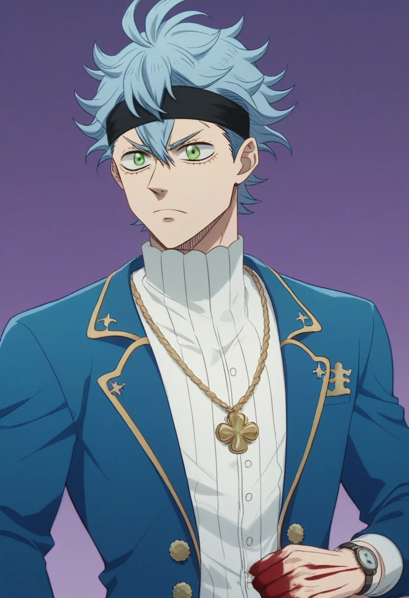 A 19 year old boy, To stay (black clover), spiky hair, messy hair, hair between eyes, green eyes, black headband,  thin arms, upset expression, Un chaleco blue suit with fine stripes, Una camisa de vestir azul claro con las mangas remangadas hTo stay los codos, Pants matching the vest, blue suit with fine stripes, He wears a watch on his left wrist, You can see many tattoos on the forearms, elegant and casual clothing, epic hike, blood on more hands, alone, purple background