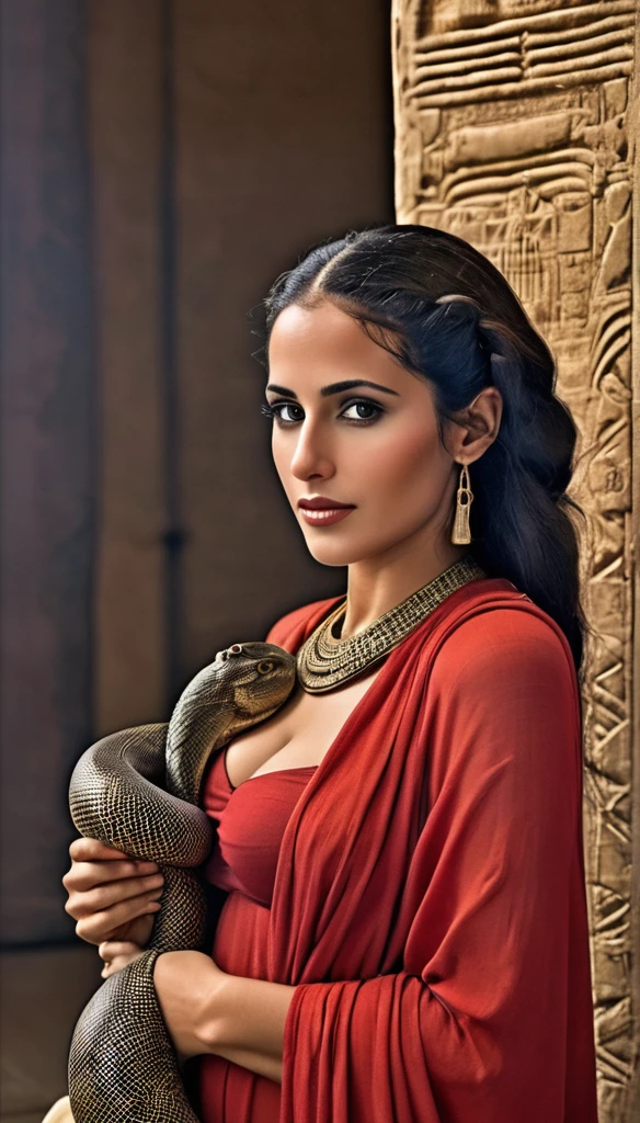 Merfertiti, Femme mature ( 30 ans) enceinte, avec une peau de serpent, un corps très sexy , corps maternelle, a l'Égypte antique, a une grosse poitrine, dans un temple égyptien, porte une robe rouge et maron couleur sable, moule le corps, vêtements transparent, femme avec de long cheveux noirs orné de nombreux bijoux, très enceintes, sa poitrine est gonflé par du lait, a des crochets de serpent visible, elle sourit,  avec des yeux doré a pupilles reptilienne, une femme serpent