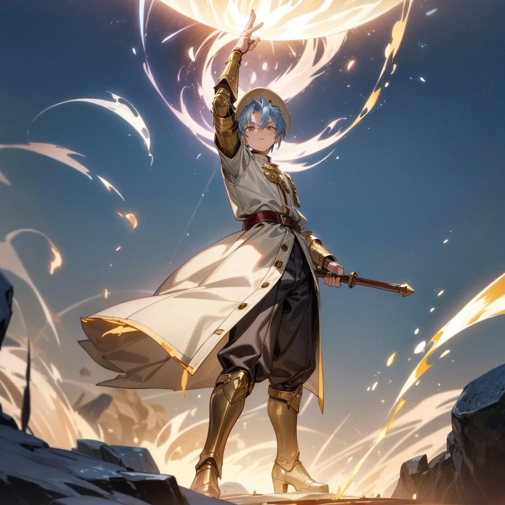 1boy, Full body version, 1character, gold eyes, tan skin, mohawk hairstyle, round eyes type, gold colour hair, blue cowboy hat, Renaissance clothing, gray color clothing, Ancient Roman boots, gold armor knight, (hammer in hand), Grassroots background in mountain fields, In the afternoon, evening silhouette light, fire, smoke, fire lighting, battle gesture, war gesture, angry