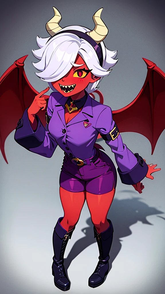 colettetrixie, red skin, sharp teeth, hair over one eye, hairband, demon horns, colored sclera, purple shirt, purple shorts, demon wings, boots, black boots