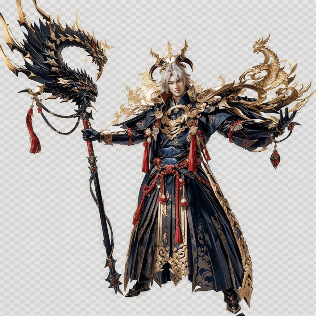 Close-up of a person holding a dragon and a sickle, Super detailed fantasy characters, The God-Emperor of Mankind, Inspired by Huang Shen, God of Chaos, Beautiful Shinigami, Keqing from genshin impact, 《Genshin Impact》Zhongli, Male magician's T pose, Rendering Heavy Fantasy Armor