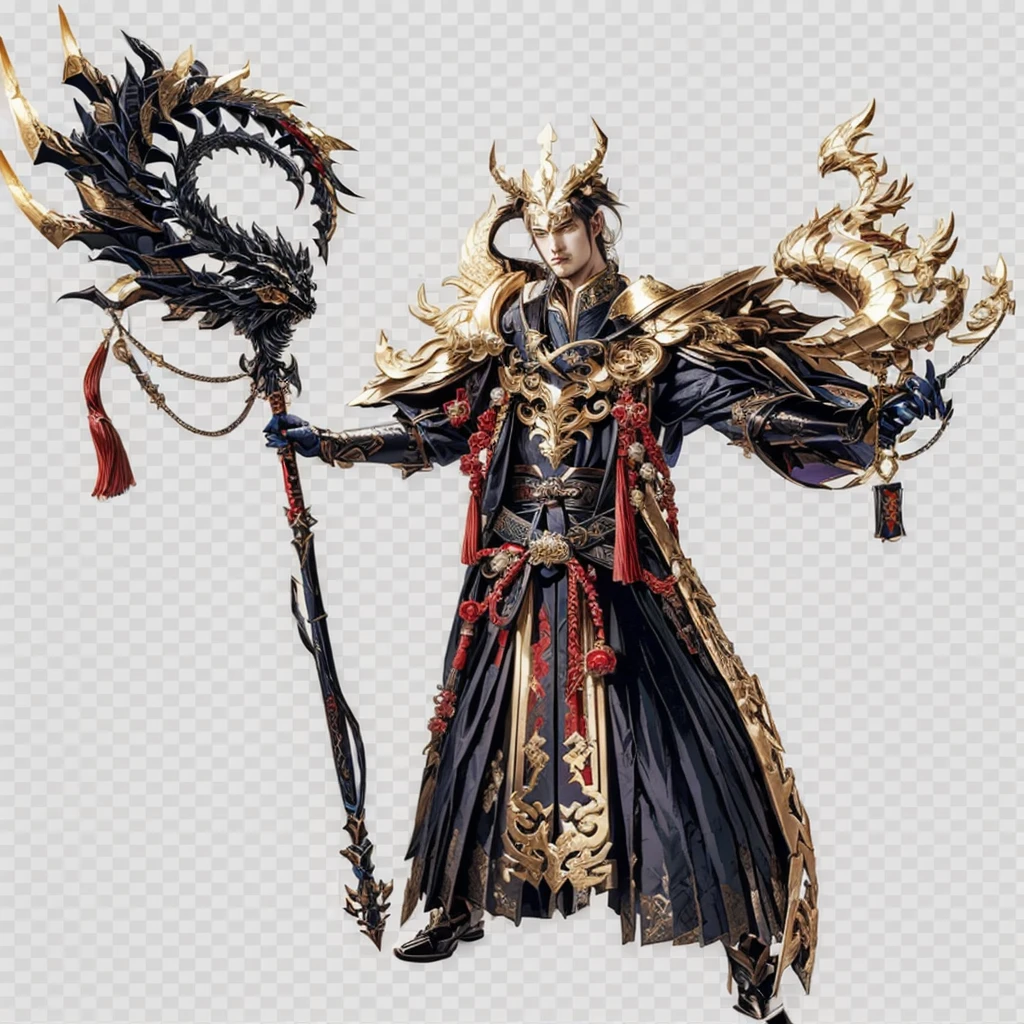 Close-up of a person holding a dragon and a sickle, Super detailed fantasy characters, The God-Emperor of Mankind, Inspired by Huang Shen, God of Chaos, Beautiful Shinigami, Keqing from genshin impact, 《Genshin Impact》Zhongli, Male magician&#39;s T pose, Rendering Heavy Fantasy Armor