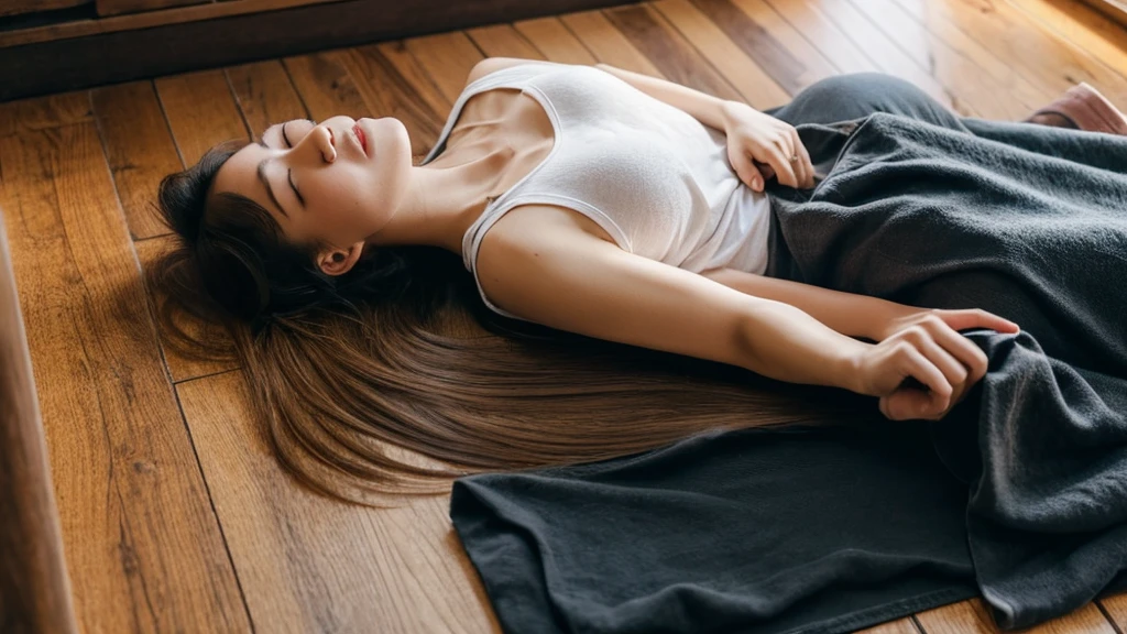 A person with long hair is lying face down, the back of his head is visible, his face is not visible, his smartphone is lying next to him, the floor is wooden, and he is looking down from above.