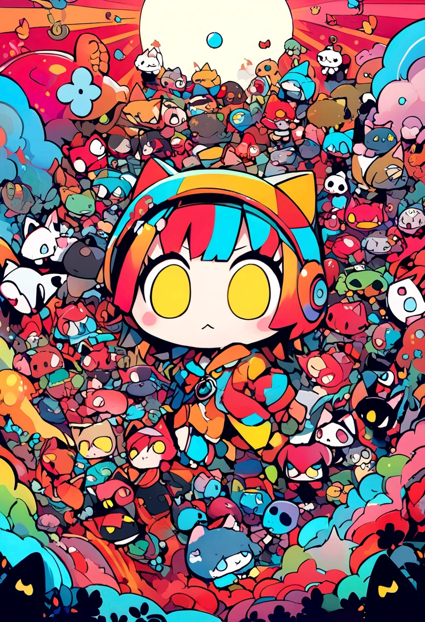 cat。red and blue images。Chibi Character