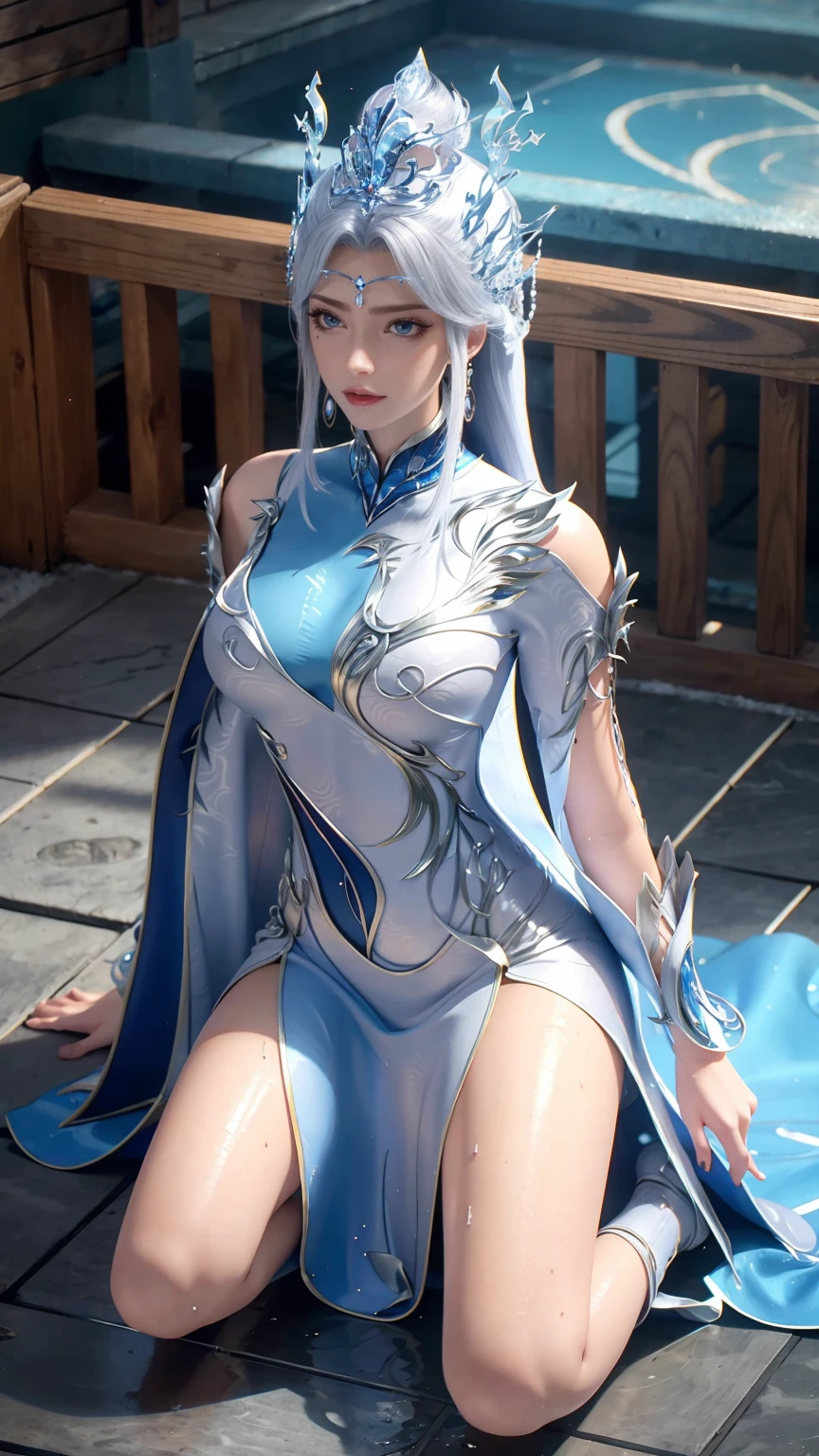 Cartoon woman kneeling on the starry sky, Water splashes at the knees,CG Social Trends, Smooth anime CG art, Starry sky background,Full body view,Royal sister kneeling posture,Wet all over,Water Magic,Wet,(Silver long hair),(Blue Eyes),Gauze on body