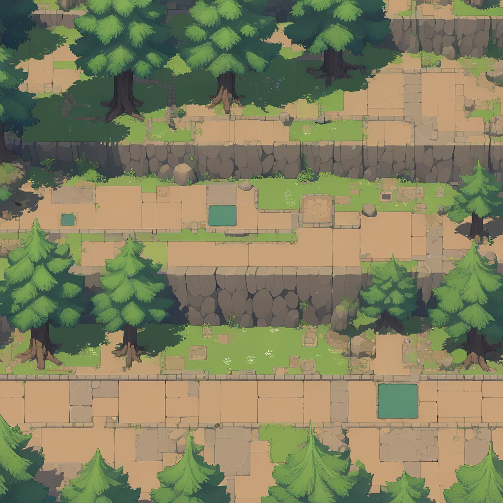 retro video game style,pixelated, vibrant pastel colors,8-bit characters,blocky shapes,sharp lines,detailed shading,classic gaming vibe,nostalgic atmosphere,classic arcade games,masterpiece:1.2,ultra-detailed,illustration style, 2d texture, stone texture, 4 k seamless mud texture, video game texture, dirt texture, tileset, game tiles, grass, 3/4th perspective trees, 3/4th perspective tileable rock texture, 3/4th perspective tileable cliff formations, tileable trees, topdown view, game texture, game art, tileable texture, very detailed cliff texture, intricate stones, top down view, 3/4th perspective