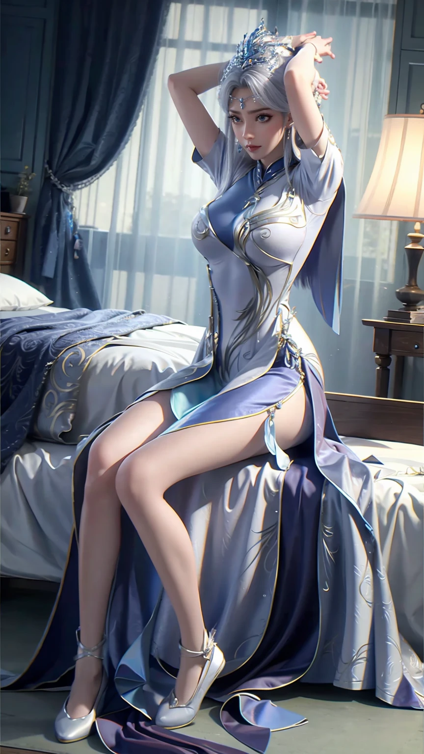 bed room, sleeping on bed, ganyudef, smile, blush, exteriors, In the daytime, simple background, blue-sky, short detailed hair, Sky-sky, temple, looking at viewers, stairways, mont, moody light,high-definition picture quality,Charming, smiling expression, Be red in the face, White cheongsam, Bare legged, middle rounded breast, fashion model posing, (Masterpiece, Best quality:1.4), professional artwork, intricate details, sharp focus, detail painting, photorealistic, trending on pixiv, realistic shadow, showing a delicate slim figure and graceful curves, (beautiful long legs:1.3),
