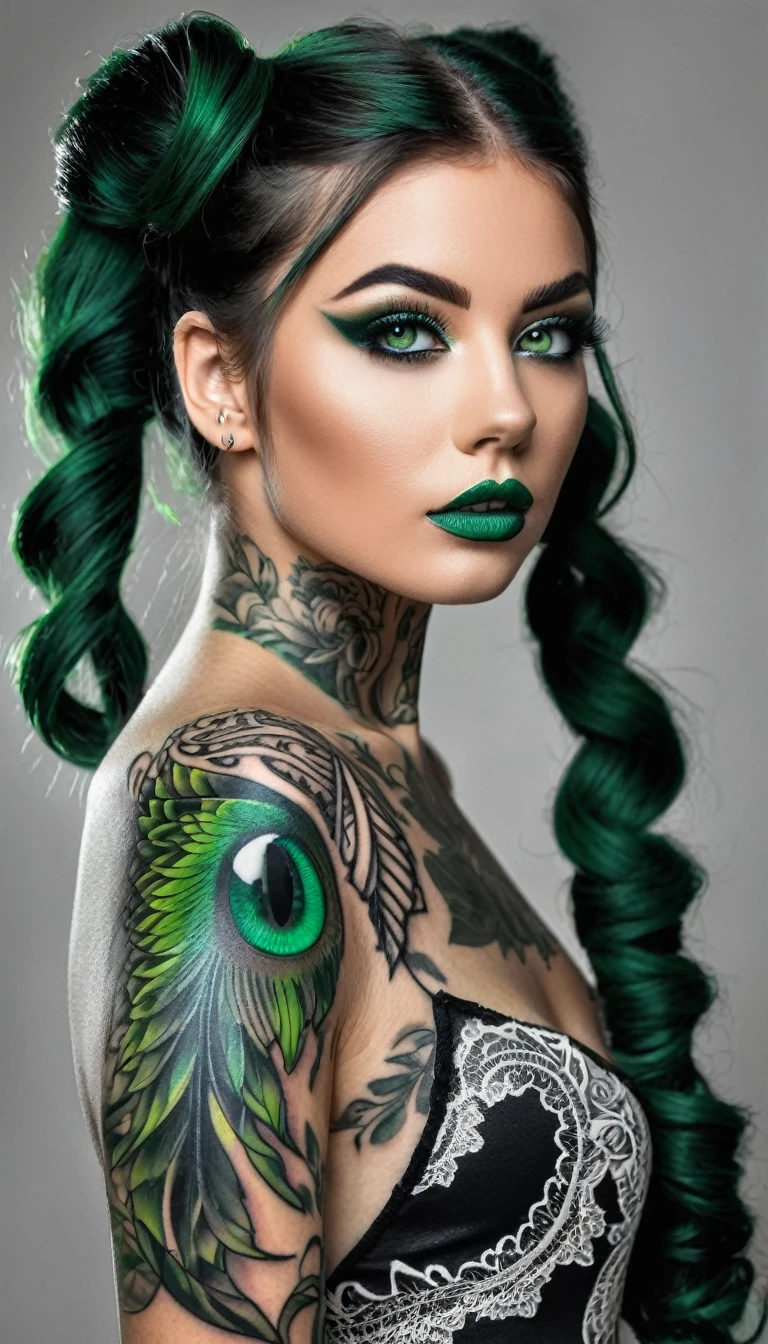 ((Monochrome, monochromeXL:1.4), Photo noire et vert), Sublime femme 30ans avec deux très longues queues de cheval de chaque côté, double queues de cheval, double twin ponytails, twin tails,(sur le bras un sublime tatouage représente un animal fantastique ayant deux queues), Lèvres détaillées, Yeux détaillés, regard intense, cils détaillés, visage détaillé, long cheveux vert foncé, visage de séduction, ((maquillage vert)), ((((sur le bras un tatouage fin représentant un animal fantastique avec deux queues : 1.5 )))), photo du milieu du corps, ((porte un costume)),(( photo noir et blanc et vert, only black and white and green photo)), (((photo noir et blanc et vert, only black and white and dark green photo, le maquillage et les cheveux, b/w, B&W,long twin ponytails)))
