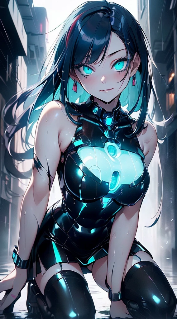 top-quality、Top image quality、​masterpiece、Android Girl((,Body full of scars、Broken cybersuit glowing black, red and white、Blue energy source for the chest,Best Bust、Bust 90、Light blue shiny hair、Longhaire,Cyber Skirt、Blue-green eyes、open chest wide、Valley、Happiness、A slender、the whole body is wet、Fall to the floor、Kneeling)）hiquality、Beautiful Art、Background with((Magical Night City、Very heavy rain))、masutepiece、Elaborate design、visualart、Theatrical films, neon eyes, cyberpunk, futuristic, 