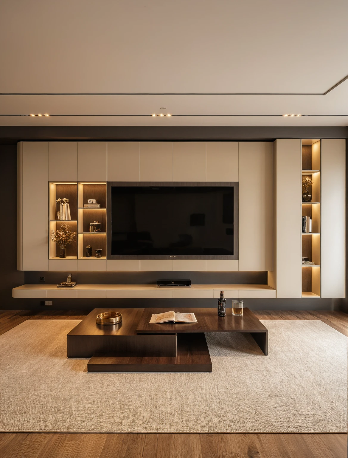 Raw photo,Masterpiece, high quality, best quality, authentic, super detail, interior , sunset, daylight, living room style Modern luxury, TV cabinet, TV, decorative cabinet, books, flower vases, bottles, tea table, tray, wine bottle, open book, carpet, wooden floor, curve, ((beige tones))