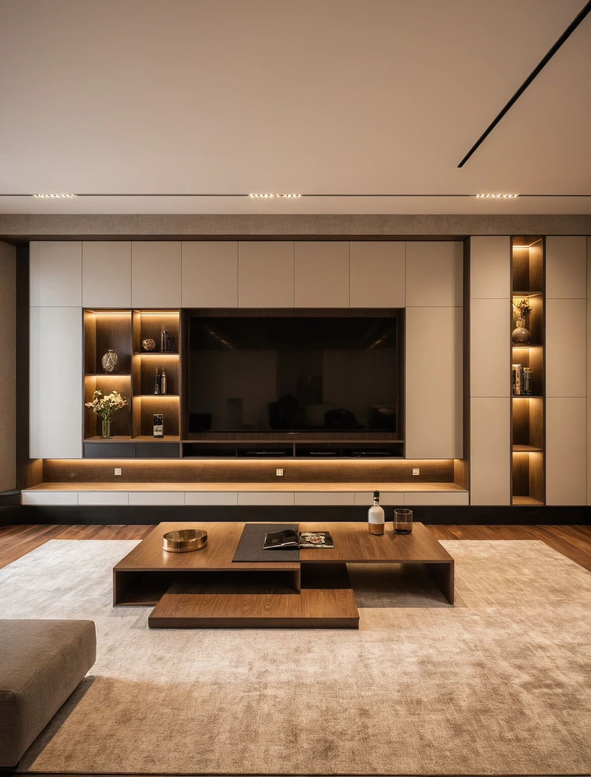 Raw photo,Masterpiece, high quality, best quality, authentic, super detail, interior , sunset, daylight, living room style Modern luxury, TV cabinet, TV, decorative cabinet, books, flower vases, bottles, tea table, tray, wine bottle, open book, carpet, wooden floor, curve, ((beige tones))