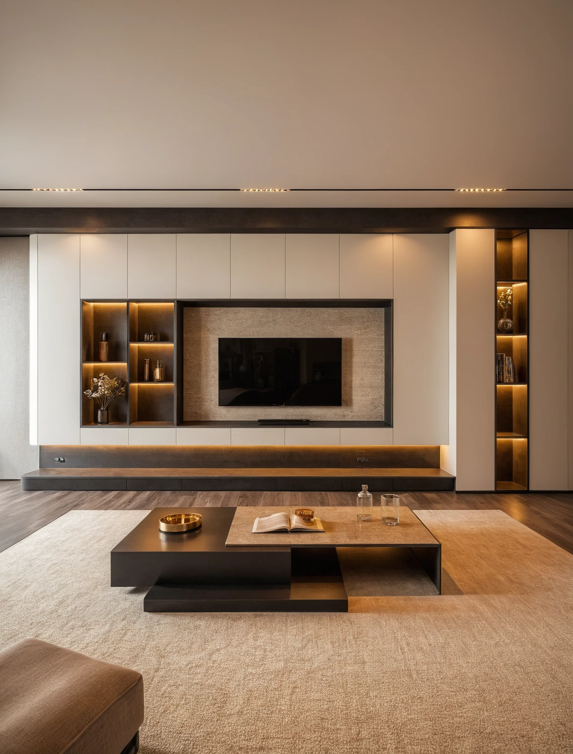 Raw photo,Masterpiece, high quality, best quality, authentic, super detail, interior , sunset, daylight, living room style Modern luxury, TV cabinet, TV, decorative cabinet, books, flower vases, bottles, tea table, tray, wine bottle, open book, carpet, wooden floor, curve, ((beige tones))