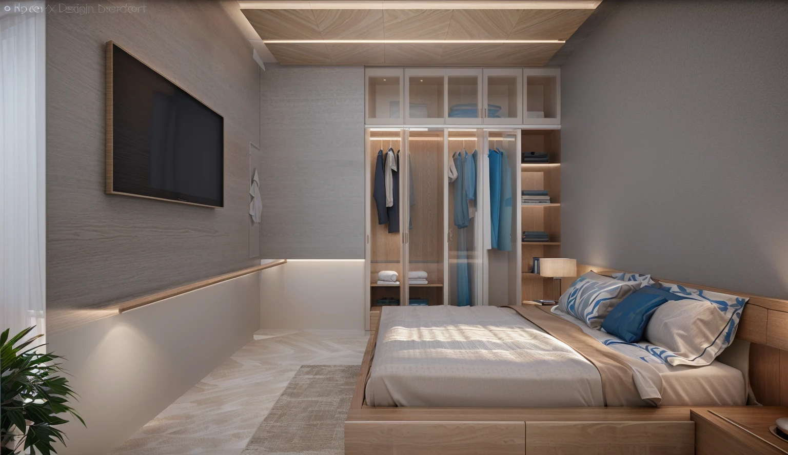 Design the master bedroom's interior space in [contemporary, luxurious style], using wood, white ceiling lights, using indoor lighting combined with [[blue areas with outdoor environmental lighting]. ]], [render vray 3ds max]