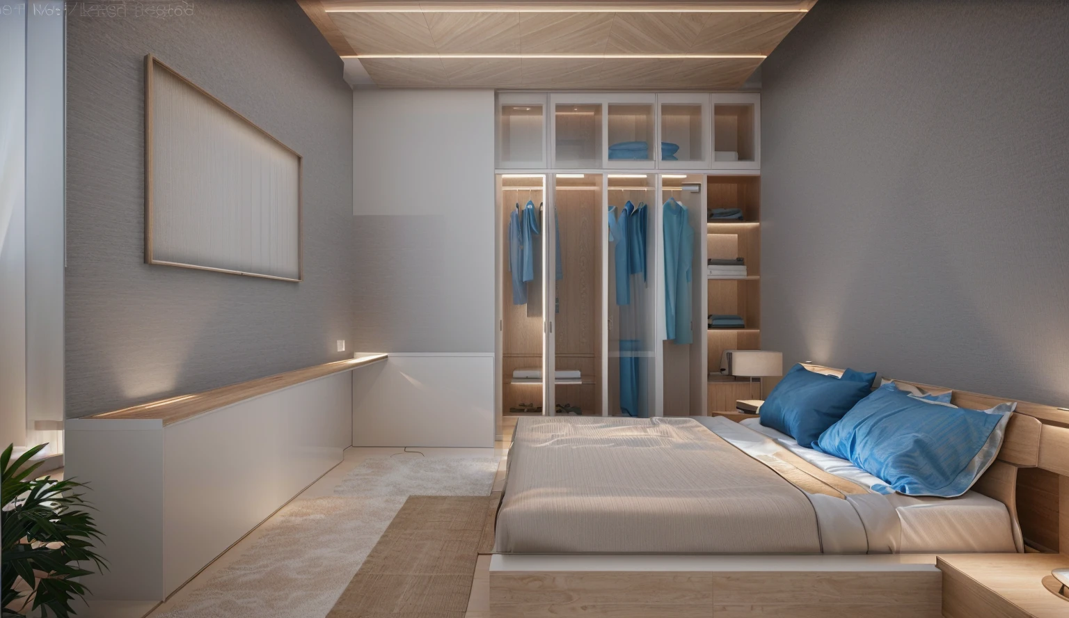 Design the master bedroom's interior space in [contemporary, luxurious style], using wood, white ceiling lights, using indoor lighting combined with [[blue areas with outdoor environmental lighting]. ]], [render vray 3ds max]