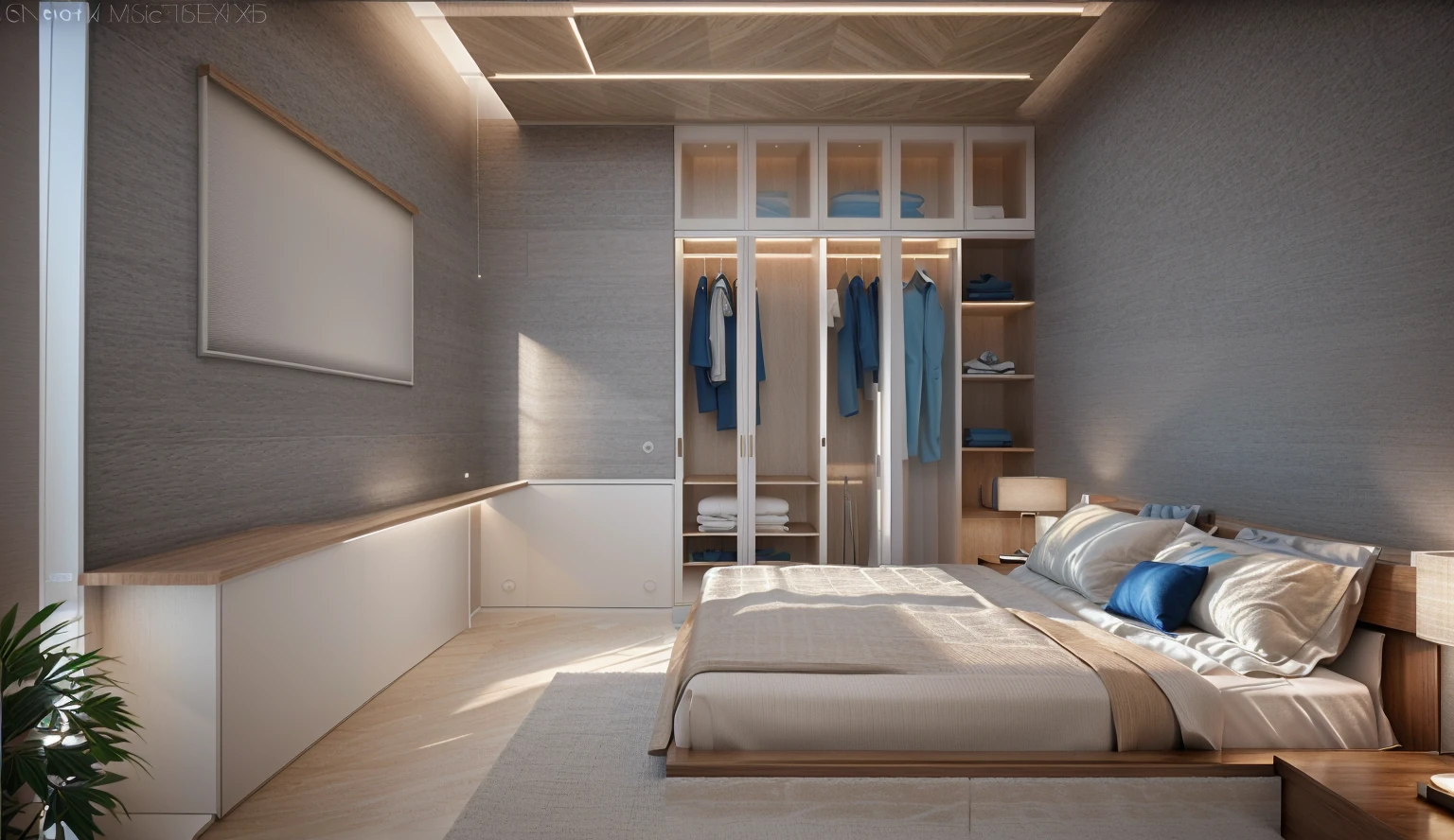 Design the master bedroom's interior space in [contemporary, luxurious style], using wood, white ceiling lights, using indoor lighting combined with [[blue areas with outdoor environmental lighting]. ]], [render vray 3ds max]