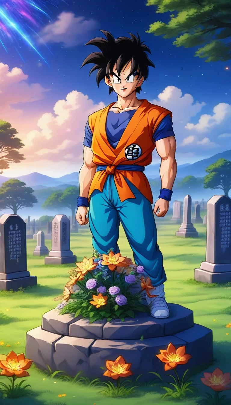 anime artwork yamcha . anime style, ((masterpiece)), (best quality), official art, extremely detailed CG, unity 8k wallpaper, ultra detailed, highly detailed,  
sad, looking at a tombstone, holding flowers, 
EdobGraveyardEngland cemetery, (night:1.4), shooting stars, dark night, petal, floating hair, wind, ghost, A grave where it says akira toriyama 1955-2024