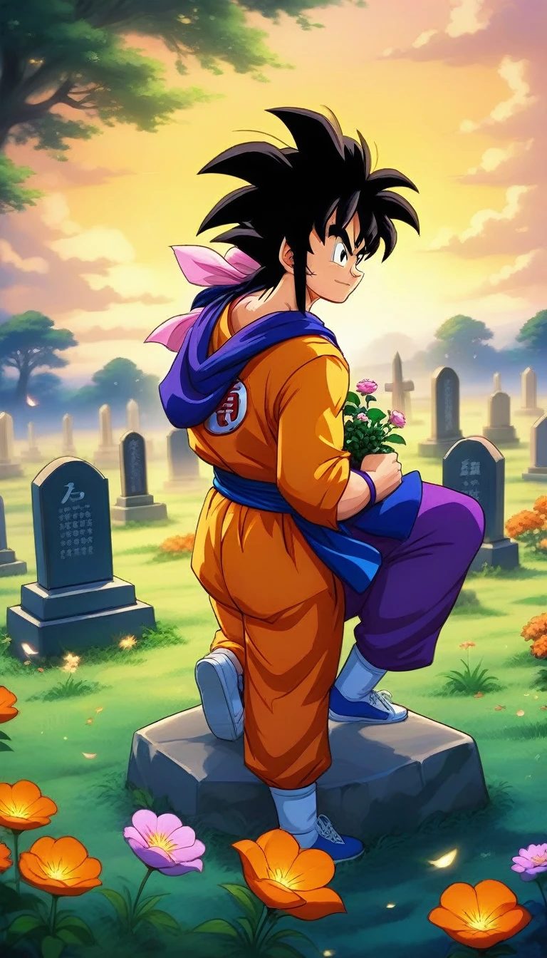 anime artwork yamcha . anime style, ((masterpiece)), (best quality), official art, extremely detailed CG, unity 8k wallpaper, ultra detailed, highly detailed,  
sad, looking at a tombstone, holding flowers, 
EdobGraveyardEngland cemetery, (night:1.4), shooting stars, dark night, petal, floating hair, wind, ghost, A grave where it says akira toriyama 1955-2024