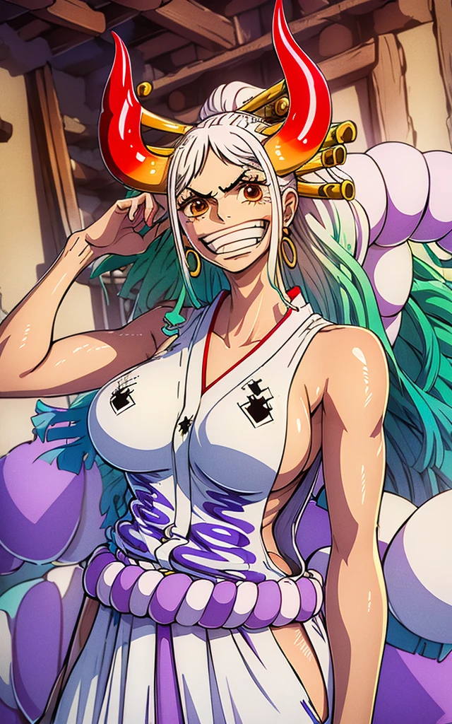 best quality, masterpiece, 4k, absurd res, UHD, ultra-detailed, detailed eyes, detailed skin, detailed hair, detailed face, (face of Evangeline Lilly:Blake Lively), detailed fabric, (ung beautiful girl, solo:1.1), Yamato (one piece), (multicolored hair, long hair, white hair, aqua hair, two-tone hair, high ponytail, hair stick, hair ornament), (natural big ), (sideboob:1.2), (shimenawa, Japanese clothes with shimenawa, rope, sleeveless kimono, bare arms, kimono, sleeveless, oni, bare shoulders, hakama), (curled horns, red horns, multicolored horns), earrings, jewelry, (big eyes, brown eyes), collarbone, cowboy shot, v-shaped eyebrows, ((hourglass shape)), sexy pose, ((NS)ultra realistic 8k cg, masterpiece, ((ultra detailed background, delicate pattern, intricate detail)), (highly detailed, fine details), best quality, (photorealistic:1.4),beautiful lighting,  absurdres, RAW photo, film grain, ((Big breasts, Mascu, Yamato, long hair, 1girl, horns, white hair, solo, oni, red horns, curled horns, hair ornament, (multicolored horns), jewelry, earrings, japanese clothes, kimono, hair stick, sleeveless, bare shoulders, aqua hair, sidelocks, hoop earrings, hakama, smile, wide smile, ((orange eyes, Masculine girl, Big breasts)), (complex detaiund, barren land, moon, portrait, close-up),