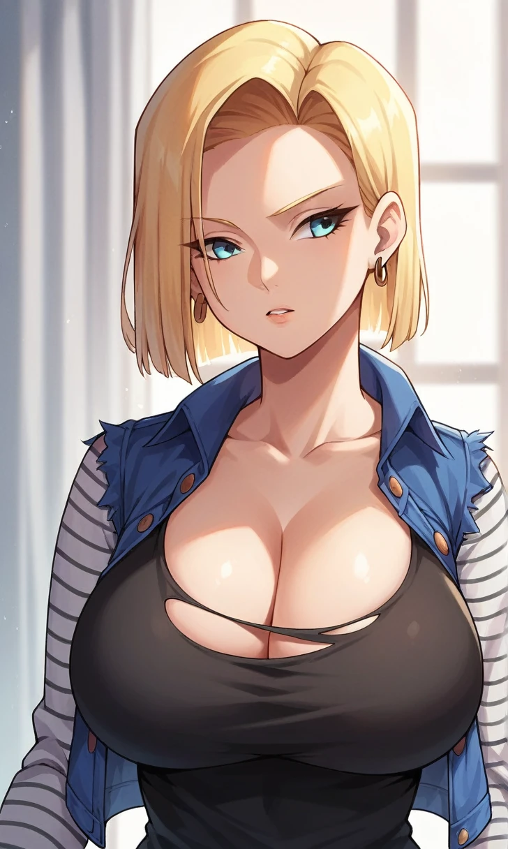 score_9, score_8_up, score_7_up, score_6_up, score_5_up, score_4_up, (source_anime),   1girl, solo, breasts, short hair, blue eyes, blonde hair, shirt, long sleeves, cleavage, jewelry, jacket, upper body, earrings, parted lips, huge breasts, gradient, looking to the side, torn clothes, black shirt,  torn shirt, android 18,