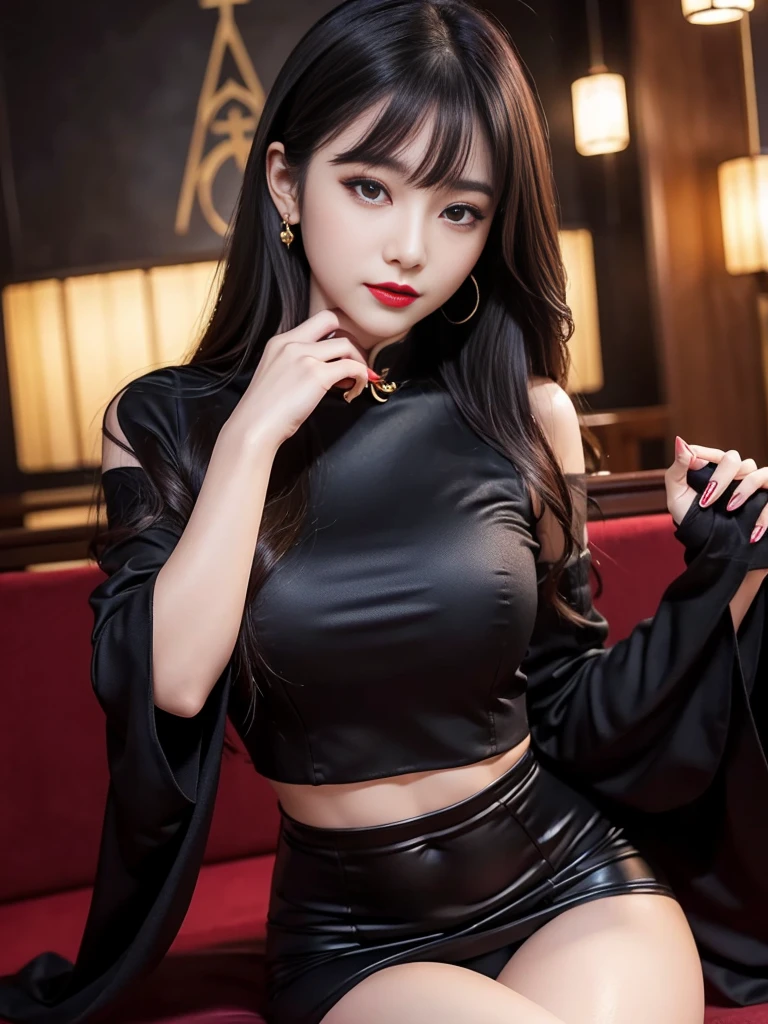 tra-detailed、Japanese、attractive beauty、seductive adult woman、pretty woman、piercing eyes、cool girl、wavy hair、swept bangs、Long Black and Gold Cheongsam、wide sleeves、Evil cadres、evil depravity、brainwash、mind control、lipstick、lip gloss、dark makeup、smirk、whisper in your ear、Evil expression、evil、hollow eyes,half-closed eyes、empty eyes、evil、church at night、vampire、succubus、vampire、Swear allegiance、sexy pose、Off-shoulder,Crop topping,Showing thighs