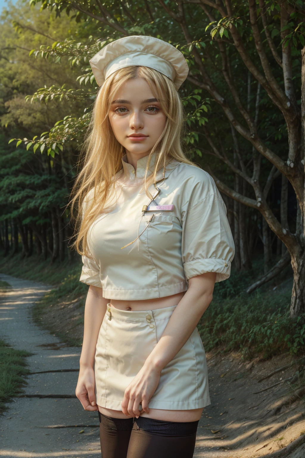 1 girl, best quality, ((Miyo)), tarankaaa, perfect face, beautiful smile, 30 years old, ((nurse attire, nurse cap, thighhighs, gold blonde hair)), ((perfectly drawn hands)), perfect body, bare tree, bush, forest, grass, nature, outdoors, plant, scenery, solo, standing, tree, 32k photograph, ((perfect eyes, detailed eyes,realistic eyes)), ((sharp face, detailed face, realistic face, natural skin, realistic skin, detailed skin, pores)), full body, tone mapping, asian-european, ((masterpiece)), ((highres)), ((detailed background)), japanese village background, midday, big proportions, (abdomen is covered)
