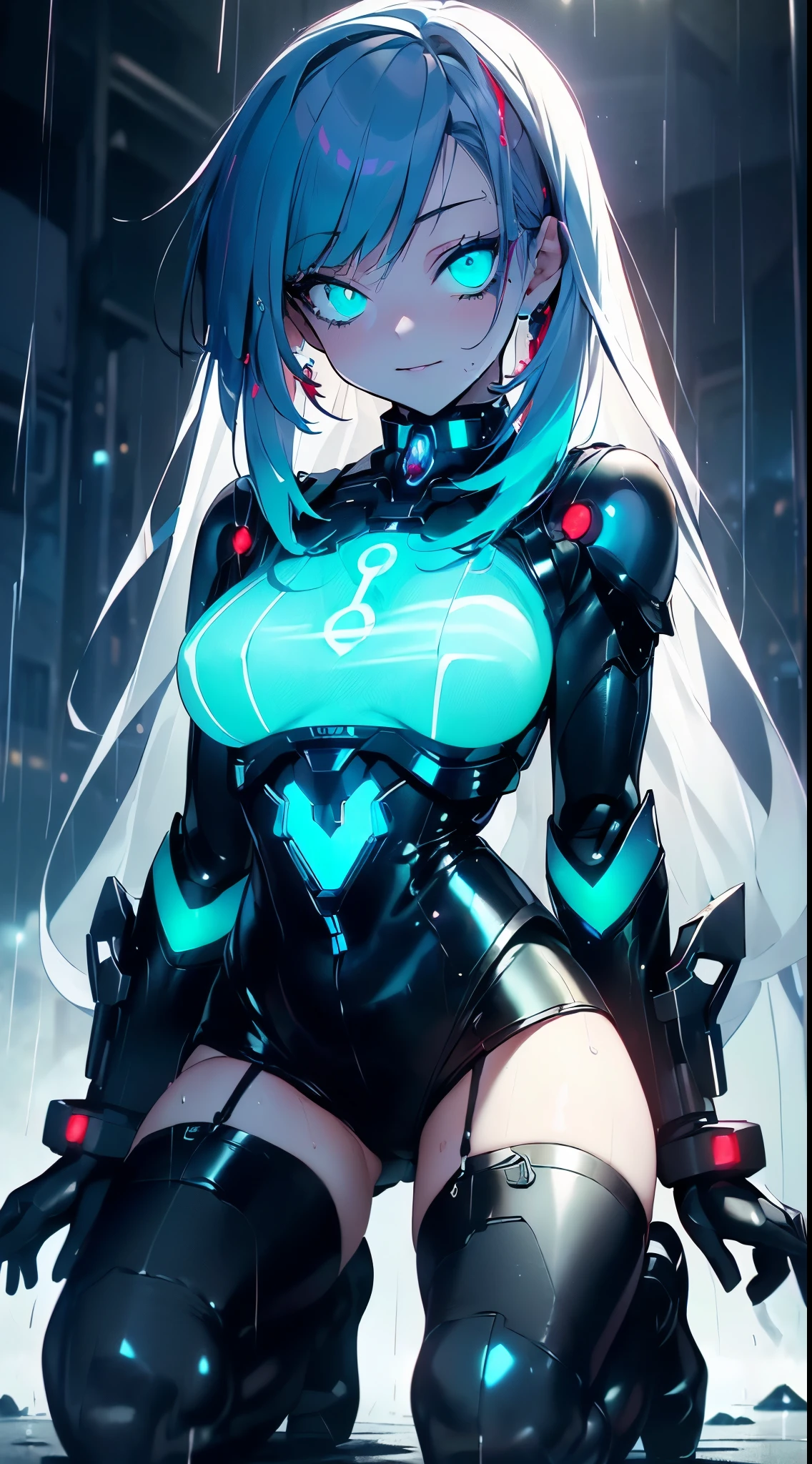 top-quality、Top image quality、​masterpiece、Android Girl((sixteen years old,Body full of scars、Broken cybersuit glowing black, red and white、Blue energy source for the chest,Best Bust、Bust 90、Light blue shiny hair、Longhaire,Cyber Skirt、Blue-green eyes、open chest wide、Valley、Happiness、A slender、the whole body is wet、Fall to the floor、Kneeling)）hiquality、Beautiful Art、Background with((Magical Night City、Very heavy rain))、masutepiece、Elaborate design、visualart、Theatrical films, neon eyes, cyberpunk, futuristic, 