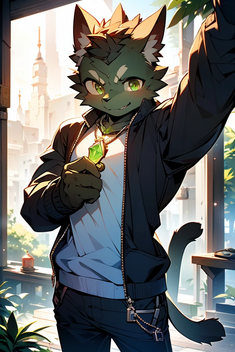 (Cat Orc),(Gray fur),(Golden Eyes),(Shota),(male),(arms:In the right hand is a huge gear-shaped key.),(The key is inlaid with an emerald gem that glows green.),(Abdominal muscles),(Crows fly),(casual pants),(earrings),rivet,Ambient Light,Side Light,