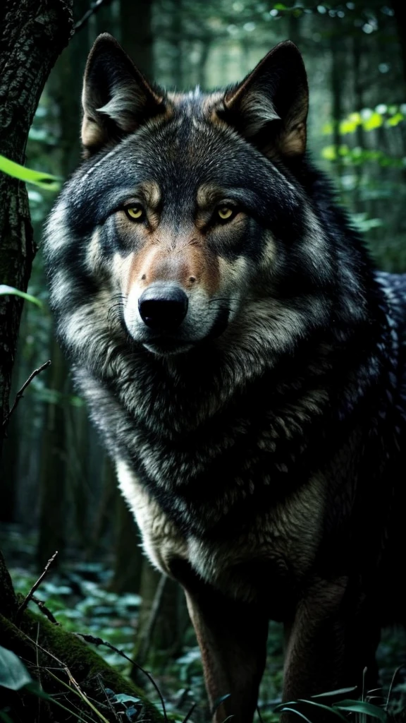 Darkness, one wolf, florest green,