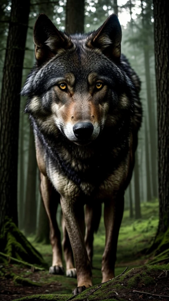 Darkness, one wolf, florest green,  