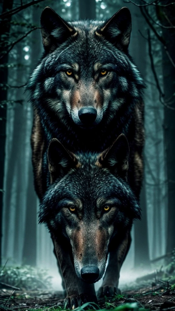 Darkness, one wolf, florest green,
