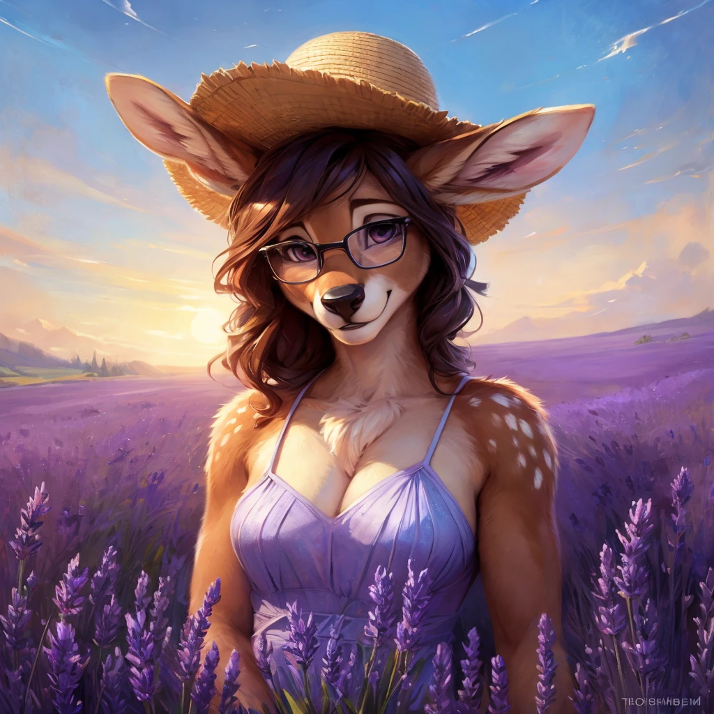 uploaded on e621, by Pixelsketcher, by Bayard Wu, by Thomas Benjamin Kennington , by Einshelm, by hioshiru and kenket, Chunie, portrait, solo anthro female deer doe, with small featureless breasts, clear dark blue, cinematic lighting, day, sunny day, lavender field, stays in a lavender field, lavender field background, mediterranean background, horizon background, shiny, short curly dark brown hair, wears big black nerd glasses, very very beautiful furry art, furry art, smiling, joyful, shiny, happy, feminine, cute face, muzzle, fluffy chest, flawless face, Fallow deer, 1girl, Sakimichan is beautiful, Masterpiece, Wavethesallow Face, shiny, Detailed image, portrait, Detailed image, portrait, full body, wearing pure white and wide spaghetti straps dress, wearing big and wide beige summer straw hat, shiny, realistic face, perfect anatomy, hourglass body, (furry body:1.1), anthropomorphic deer, looks at the viewer, small fluffy tail, detailed background, (cute anatomy:1.1), stands in a lavender field