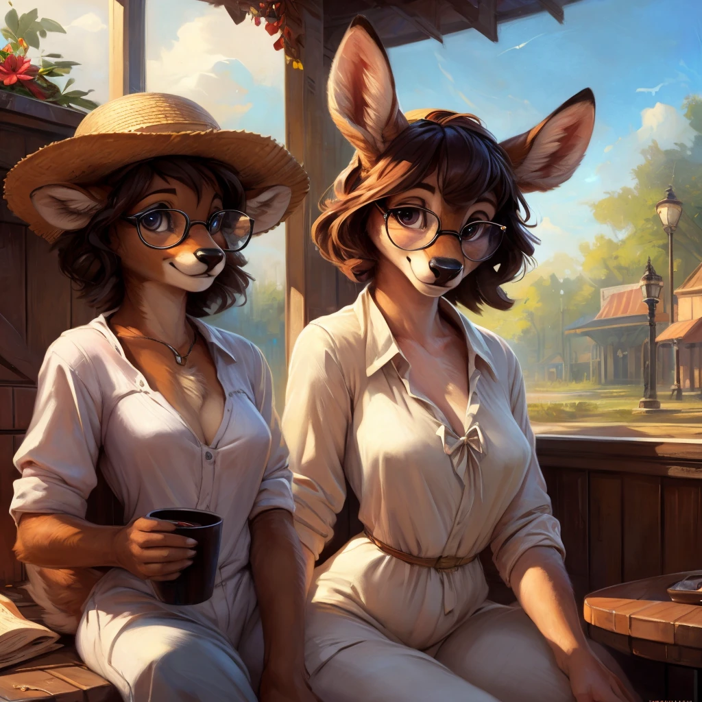 uploaded on e621, by Pixelsketcher, by Bayard Wu, by Thomas Benjamin Kennington , by Einshelm, by hioshiru and kenket, Chunie, portrait, solo anthro female deer doe, tiny featureless breasts, tiny breasts, clear dark blue, cinematic lighting, day, sunny day, sitting outside at a café, café background, french background, old french background, shiny, short curly dark brown hair, short hair, wears big black nerd glasses, very very beautiful furry art, furry art, thoughtful, shiny, feminine, cute face, muzzle, fluffy chest, flawless face, Fallow deer, 1girl, Sakimichan is beautiful, Masterpiece, Wavethesallow Face, shiny, Detailed image, portrait, Detailed image, portrait, wears pure white wide, big blouse, wears beige summer straw hat, shiny, realistic face, perfect anatomy, hourglass body, anthropomorphic deer, happy, very happy, small ears, huge black nerd glasses, wide happy eyes, look at viewer, smiles, big smile, holds big cup of coffee, hourglass body, (furry body:1.1), anthropomorphic deer, small fluffy tail, detailed background, (cute anatomy:1.1), looks into the distance
