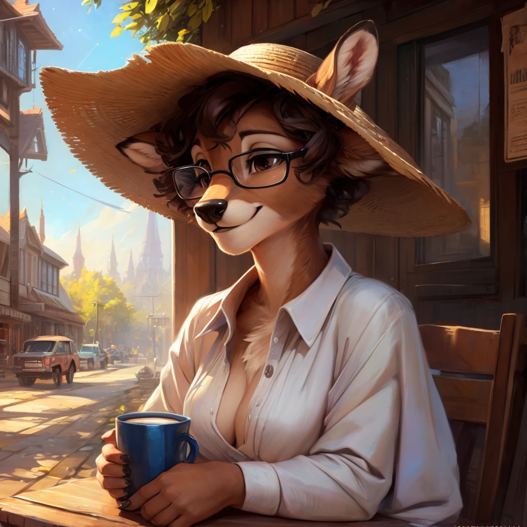 uploaded on e621, by Pixelsketcher, by Bayard Wu, by Thomas Benjamin Kennington , by Einshelm, by hioshiru and kenket, Chunie, portrait, solo anthro female deer doe, tiny featureless breasts, tiny breasts, clear dark blue, cinematic lighting, day, sunny day, sitting outside at a café, café background, french background, old french background, shiny, short curly dark brown hair, short hair, wears big black nerd glasses, very very beautiful furry art, furry art, thoughtful, shiny, feminine, cute face, muzzle, fluffy chest, flawless face, Fallow deer, 1girl, Sakimichan is beautiful, Masterpiece, Wavethesallow Face, shiny, Detailed image, portrait, Detailed image, portrait, wears pure white wide, big blouse, wears beige summer straw hat, shiny, realistic face, perfect ???????, hourglass body, anthropomorphic deer, happy, very happy, small ears, huge black nerd glasses, wide happy eyes, look at viewer, smiles, big smile, holds big cup of coffee, hourglass body, (furry body:1.1), anthropomorphic deer, small fluffy tail, detailed background, (cute anatomy:1.1), looks into the distance