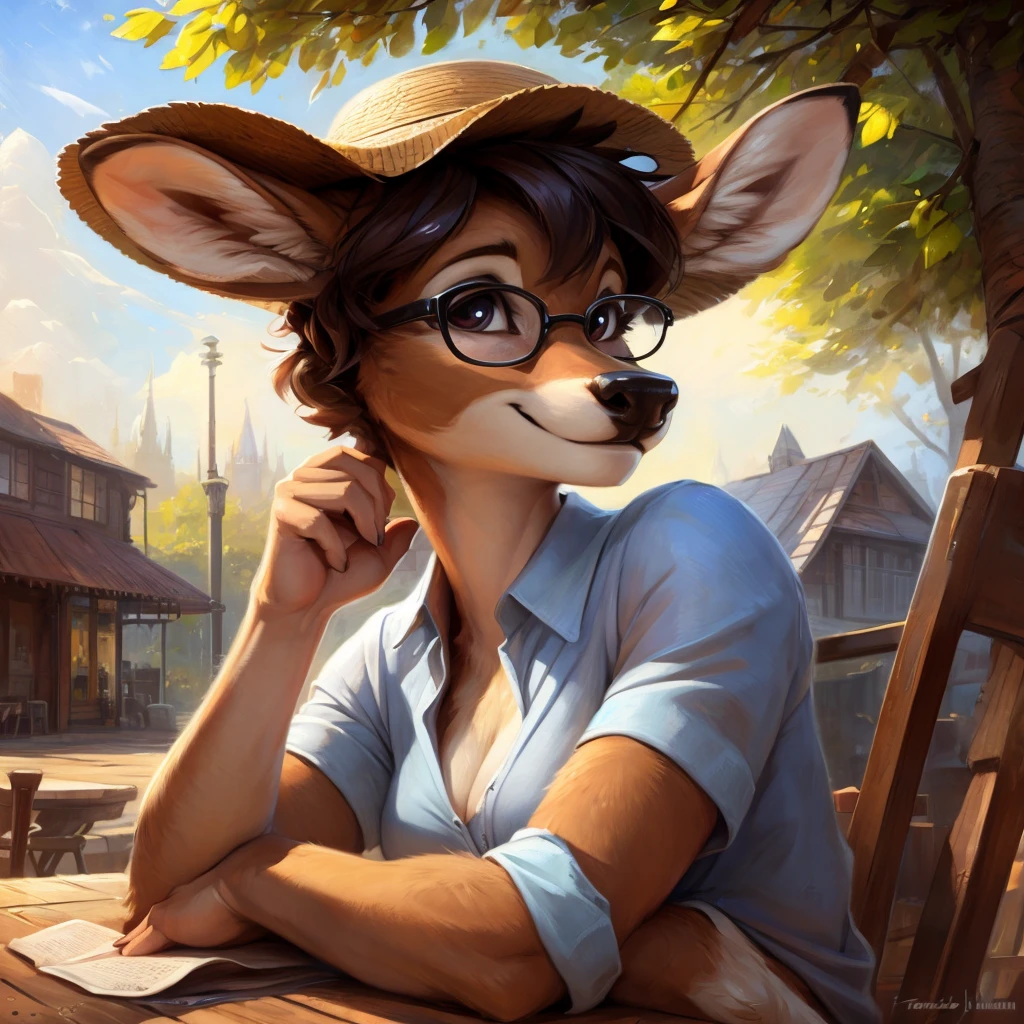 uploaded on e621, by Pixelsketcher, by Bayard Wu, by Thomas Benjamin Kennington , by Einshelm, by hioshiru and kenket, Chunie, portrait, solo anthro female deer doe, tiny featureless breasts, tiny breasts, clear dark blue, cinematic lighting, day, sunny day, sitting outside at a café, café background, french background, old french background, shiny, short curly dark brown hair, short hair, wears big black nerd glasses, very very beautiful furry art, furry art, thoughtful, shiny, feminine, cute face, muzzle, fluffy chest, flawless face, Fallow deer, 1girl, Sakimichan is beautiful, Masterpiece, Wavethesallow Face, shiny, Detailed image, portrait, Detailed image, portrait, wears pure white wide, big blouse, wears beige summer straw hat, shiny, realistic face, perfect anatomy, hourglass body, anthropomorphic deer, happy, very happy, small ears, huge black nerd glasses, wide happy eyes, look at viewer, smiles, big smile, holds big cup of coffee, hourglass body, (furry body:1.1), anthropomorphic deer, small fluffy tail, detailed background, (cute anatomy:1.1), looks into the distance

